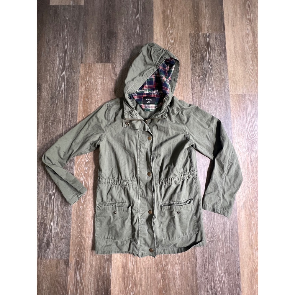 Active USA Anorak Utility Jacket Womens Small Green Plaid Lined Hooded Cargo